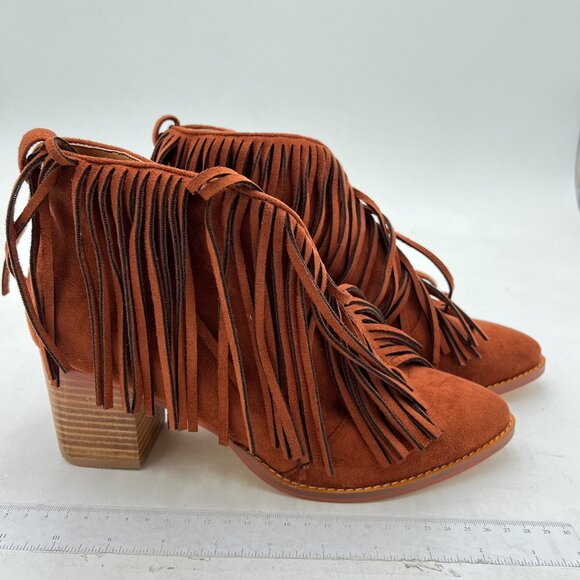 YDN Brown Ankle High Boots with Tassels Round Toe Block Heel Booties Shoes - Picture 4 of 7
